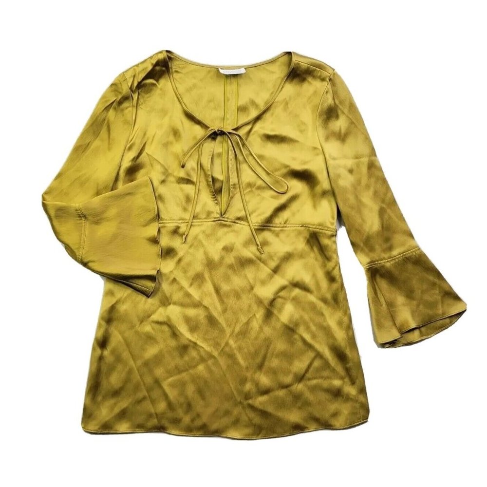 Chado Ralph Rocci Women's S Green Silk Blend Top Bell Sleeves Tie V-Neck Dressy